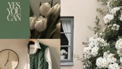 Inspirational collage with white flowers, vintage clock, and Yes You Can text, creating a cozy, motivational atmosphere.