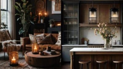 Stylish living room and kitchen with cozy lighting, earthy tones, and modern decor elements creating a warm ambiance.