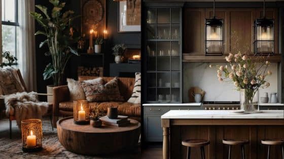 moody interior design Stylish living room and kitchen with cozy lighting, earthy tones, and modern decor elements creating a warm ambiance. | Sky Rye Design Stylish living room and kitchen with cozy lighting, earthy tones, and modern decor elements creating a warm ambiance.