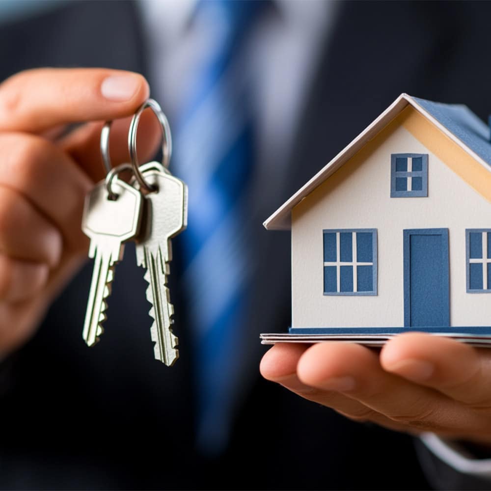 Person holding house model and keys, symbolizing real estate purchase or home ownership.