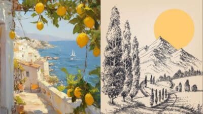 Mediterranean coastal scene with lemons and boats on one side, mountain sketch with cypress trees on the other.