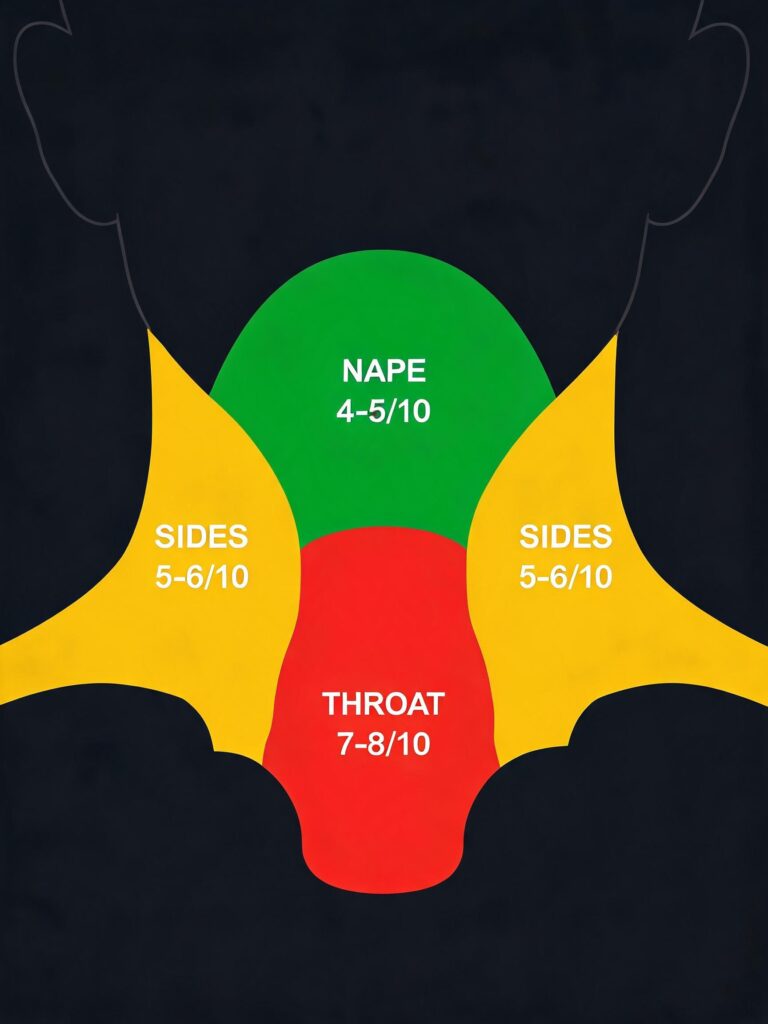 Color-coded head and neck pain map showing severity: throat 7–8/10 red, sides 5–6/10 yellow, nape 4–5/10 green