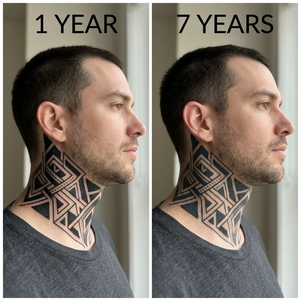 Geometric neck tattoo before/after – 1 year vs 7 years, side-by-side healed blackwork showing long-term ink durability