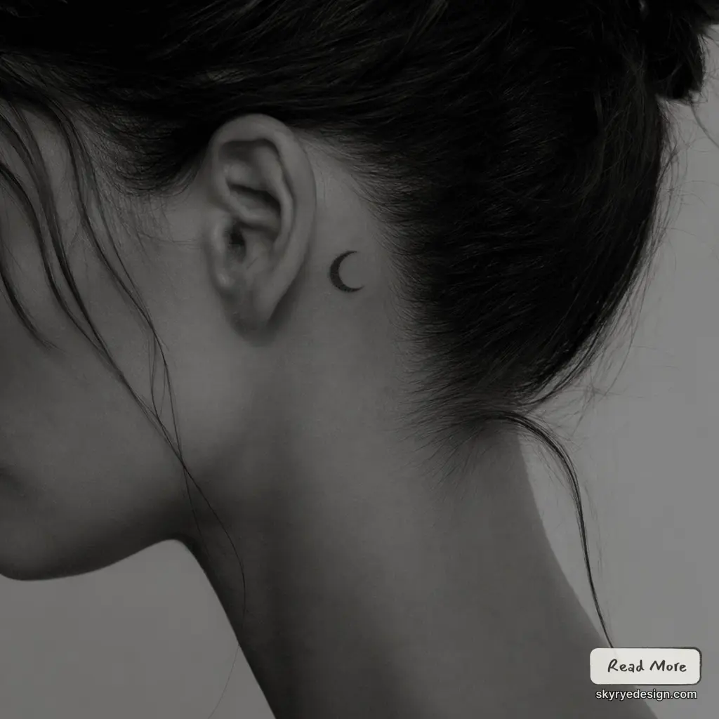 Black-and-white close-up of woman's neck and ear with small crescent moon tattoo behind the ear