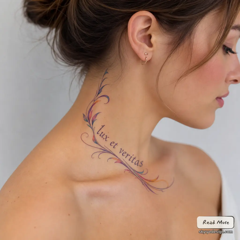 Delicate colorful floral neck tattoo reading 'lux et veritas' on woman's collarbone, elegant script design