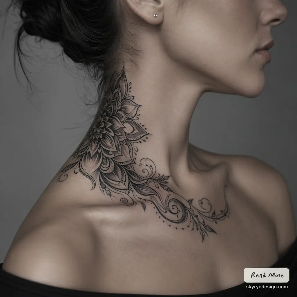 Ornate black ink floral mandala neck and collarbone tattoo, intricate swirls and dotwork design.