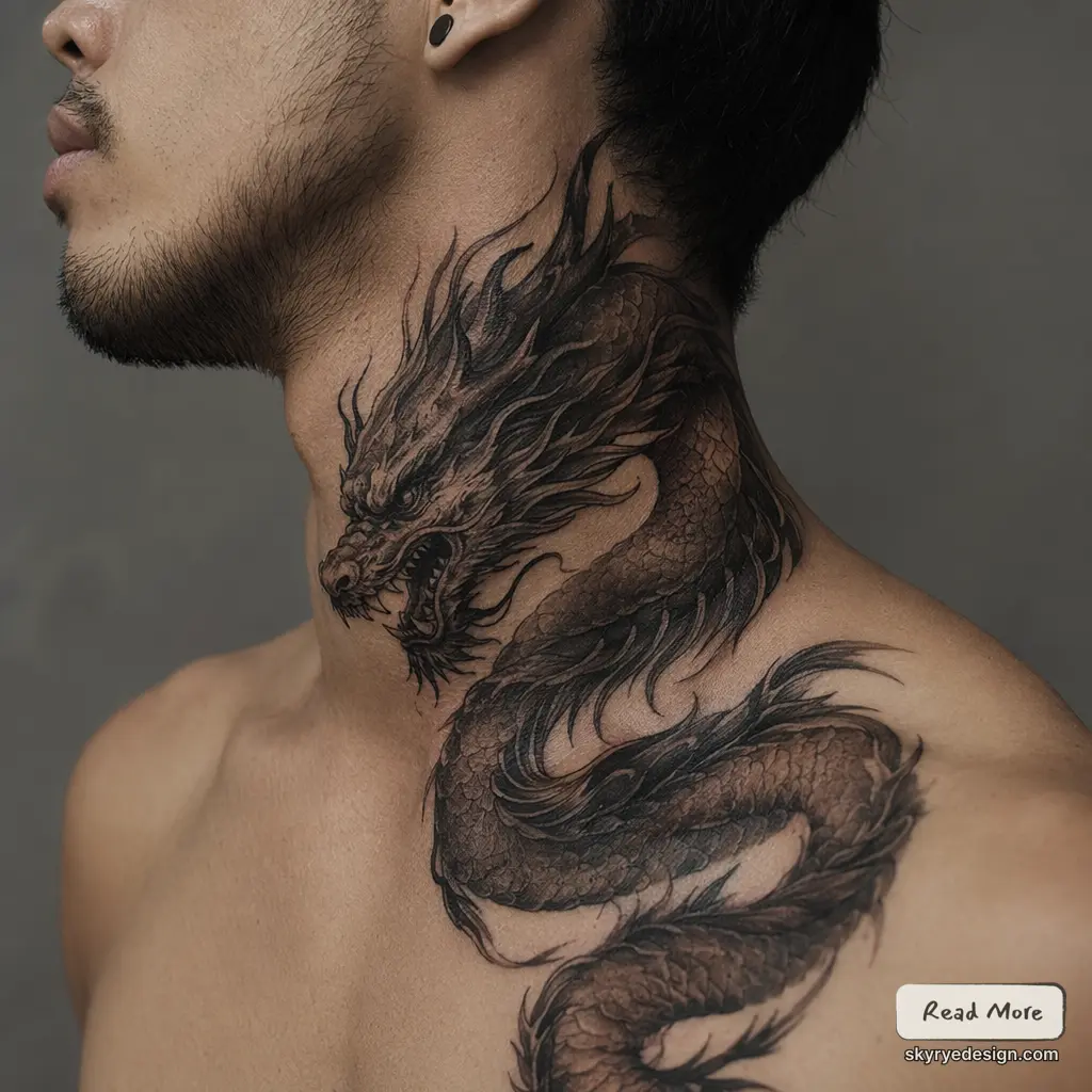 Dragon neck tattoo: black and gray Asian dragon coiling from neck to shoulder on man's profile, detailed scales.