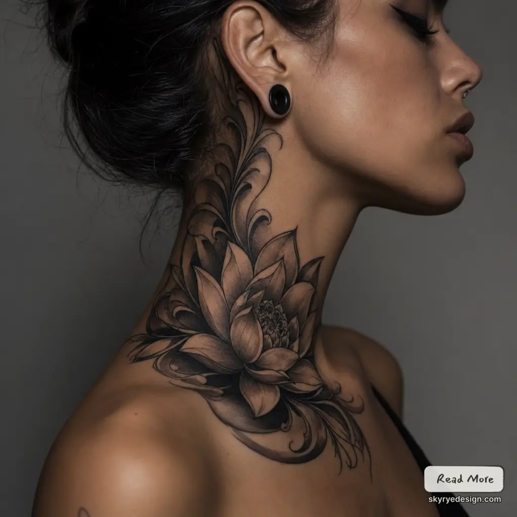 Woman profile with black-and-gray lotus neck tattoo featuring ornate swirls and ear plug jewelry