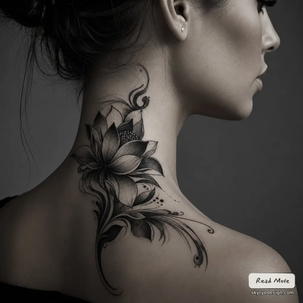 Lotus neck tattoo in black-and-gray; ornamental floral shoulder piece with swirling leaves and dotwork.