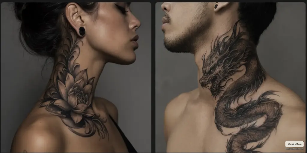 Side-by-side black and grey neck tattoos: floral lotus on a woman and fierce dragon wrapping a man's neck and chest