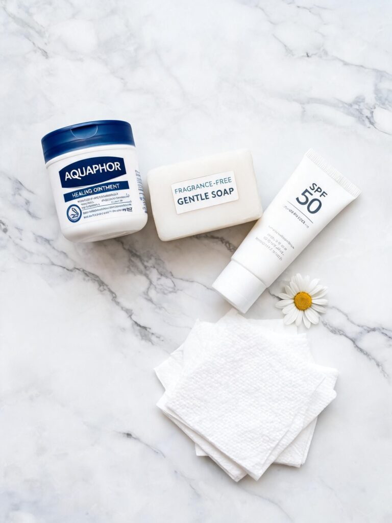 Aquaphor healing ointment, fragrance-free gentle soap, SPF 50 sunscreen tube, tissues and daisy on marble background