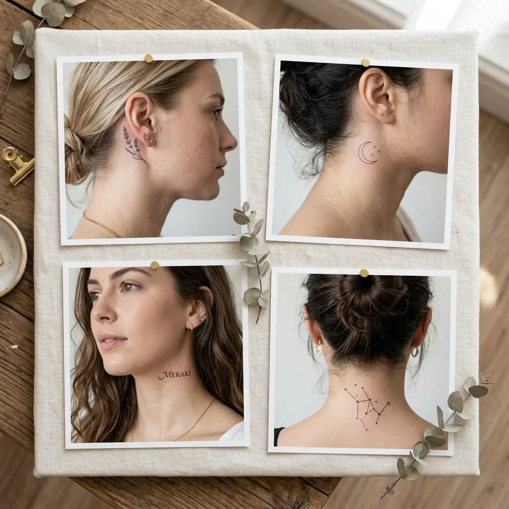 Four minimalist neck tattoo ideas on women: lavender sprig, crescent moon, 'Meraki' script, and star constellation.