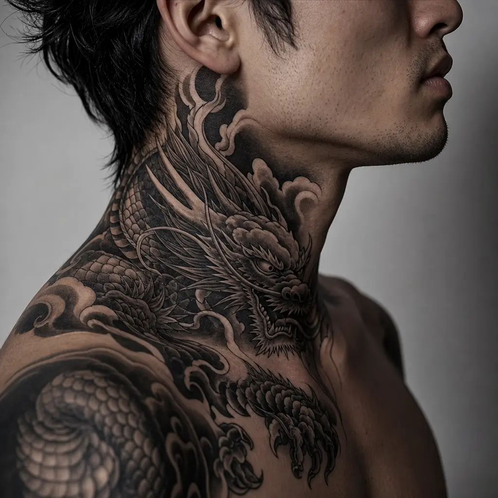Black-gray Japanese dragon neck and chest tattoo on male with detailed scales, claws, and swirling waves