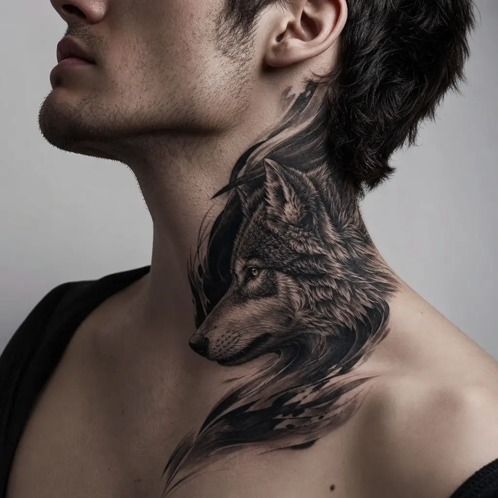 Realistic black-and-grey wolf neck tattoo on side of neck and shoulder, detailed fur and flowing ink design
