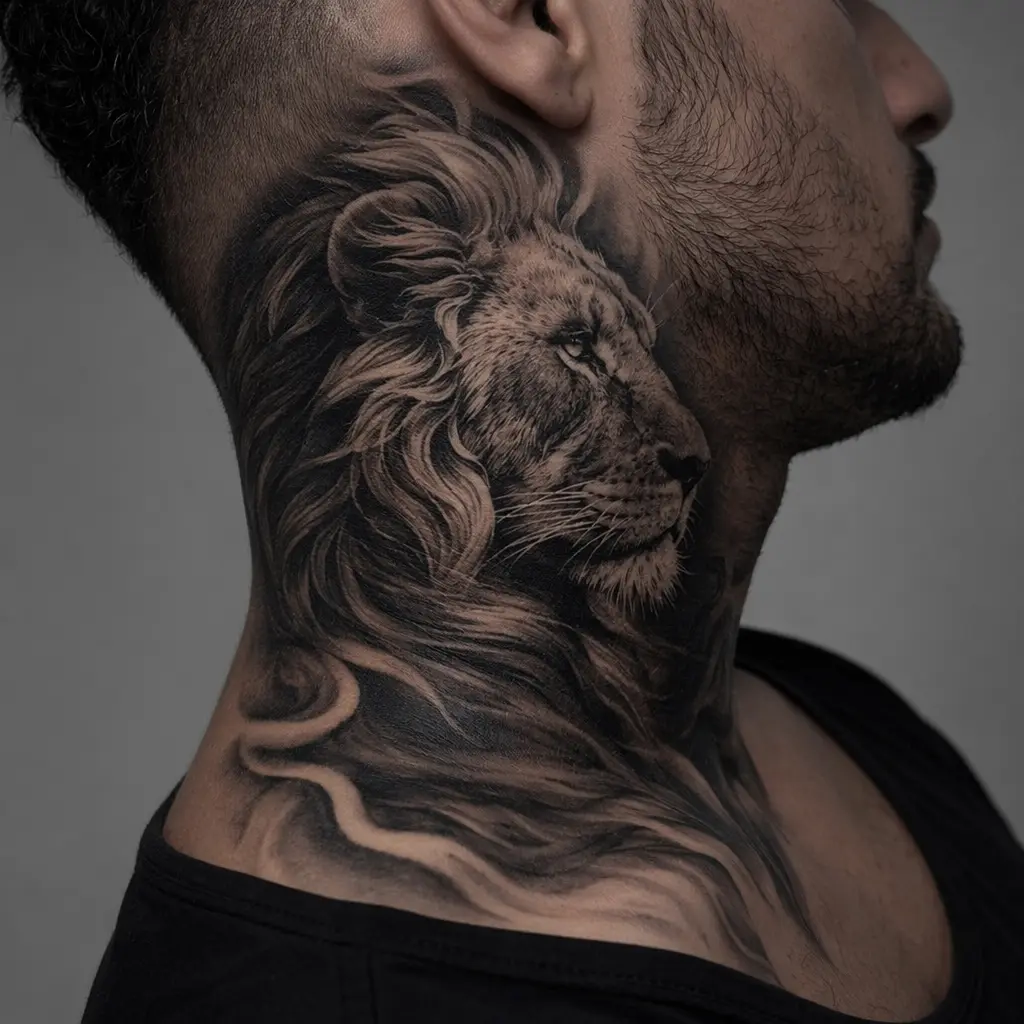 Lion neck tattoo, realistic black-and-gray on man's profile; detailed mane and intricate shading