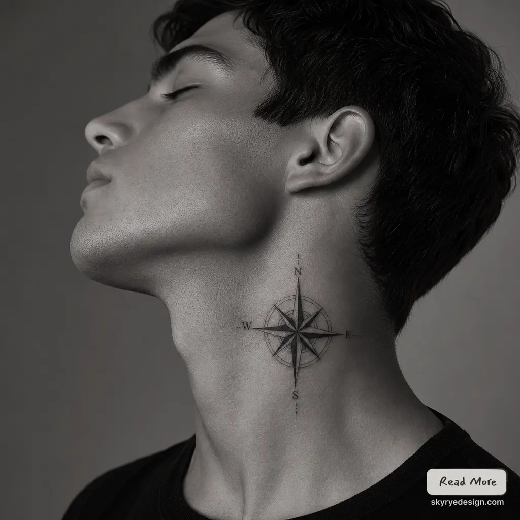 Black-and-white portrait of a young man with a detailed compass rose neck tattoo on the side of his neck.