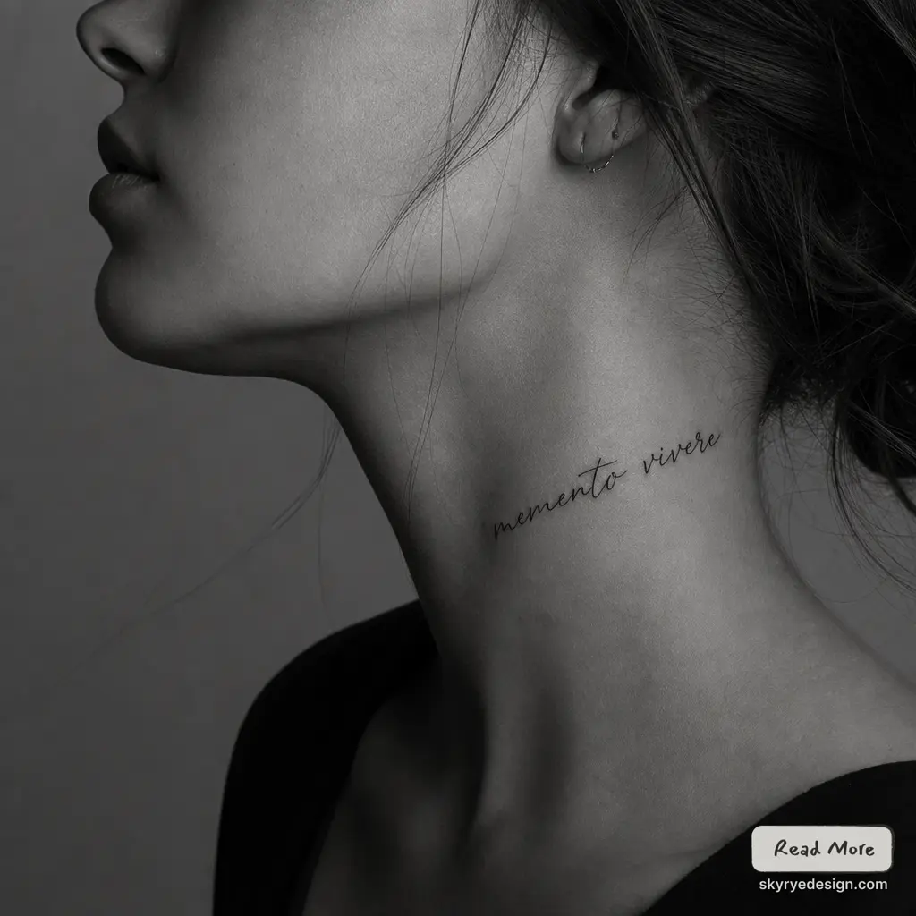Black-and-white close-up of a woman's side profile with cursive memento vivere neck tattoo