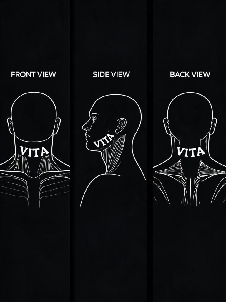 Black and white anatomical diagram of head and neck: front, side, back views showing neck muscles