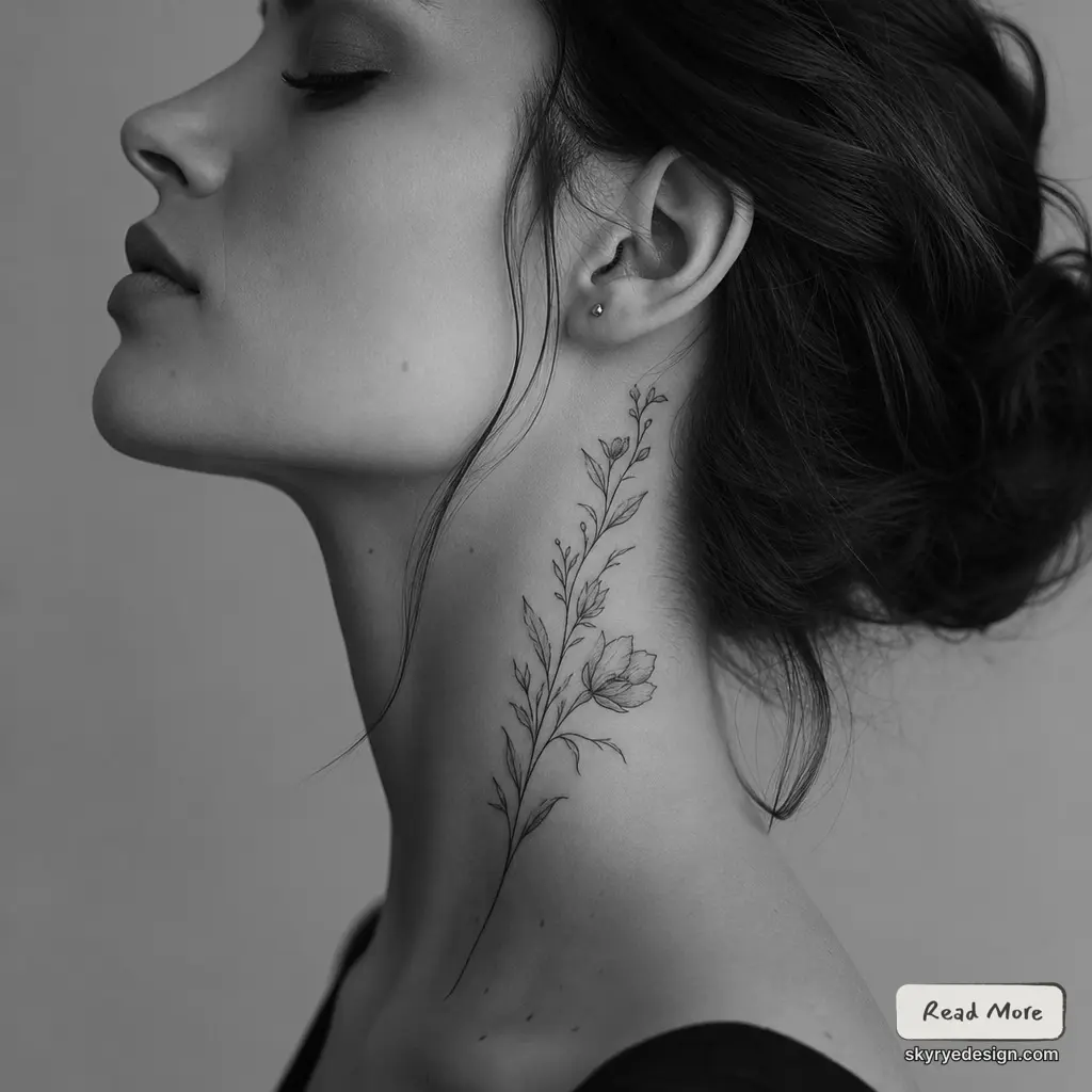 Black-and-white side profile of woman with delicate minimalist floral neck tattoo, fine-line vine design