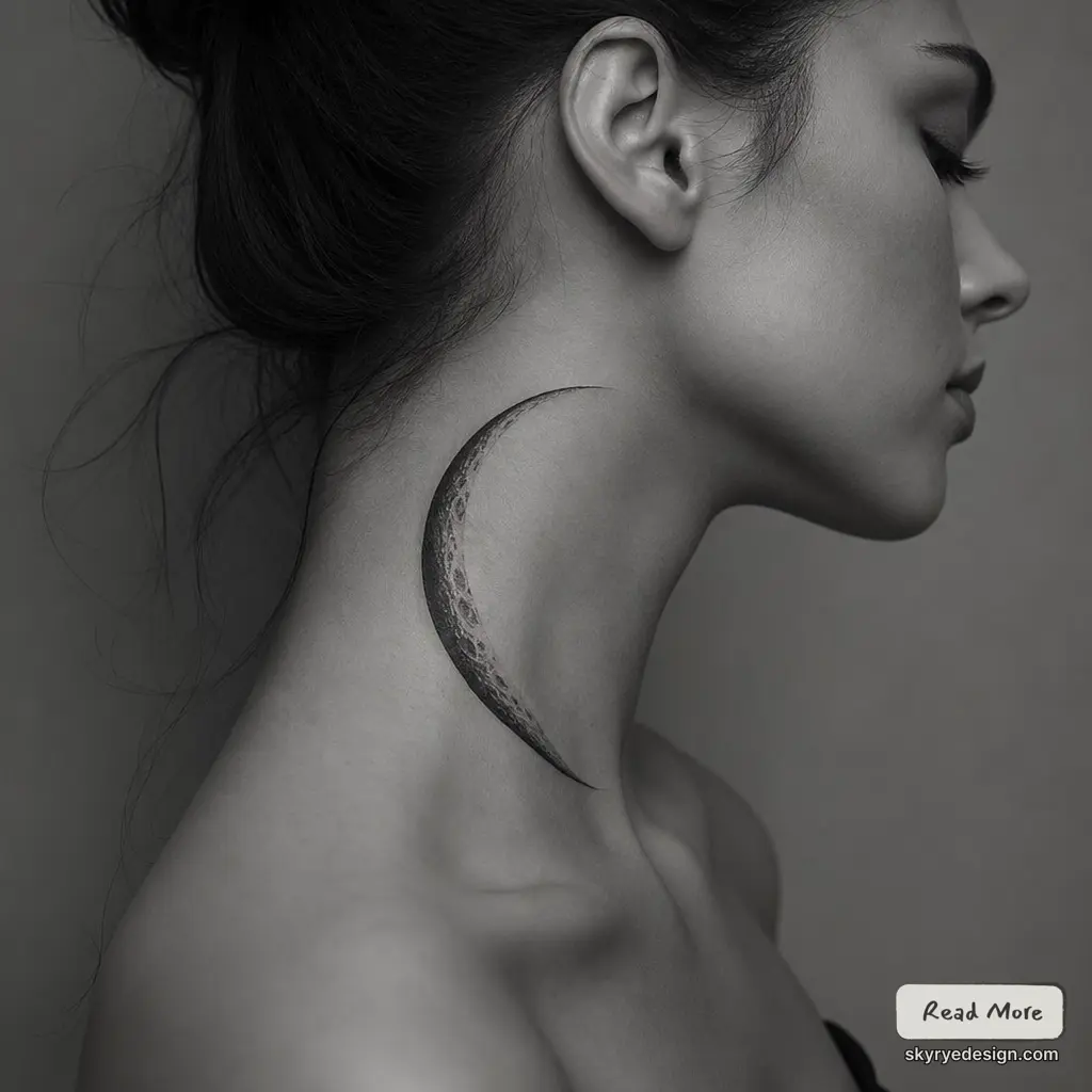Monochrome profile of woman with crescent moon tattoo on side of neck, minimalist portrait.
