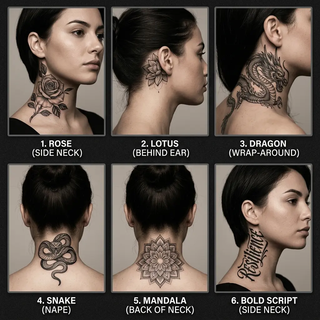Collage of six neck tattoo ideas: rose side, lotus behind ear, wrap dragon, nape snake, mandala back, bold script.