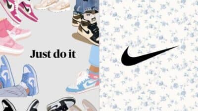 Illustrated Nike sneakers with Just do it text and Nike swoosh logo on floral background.