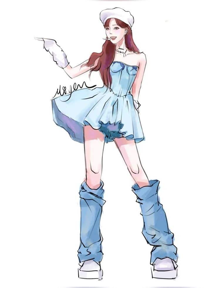 not mine Illustration of a stylish woman in a blue dress, hat, and boots, striking a confident pose. | Sky Rye Design Illustration of a stylish woman in a blue dress, hat, and boots, striking a confident pose.