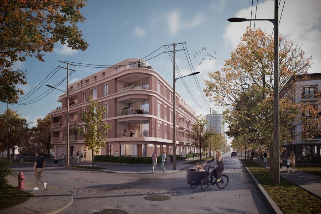 Modern corner building with curved balconies surrounded by autumn trees and people on a city street.