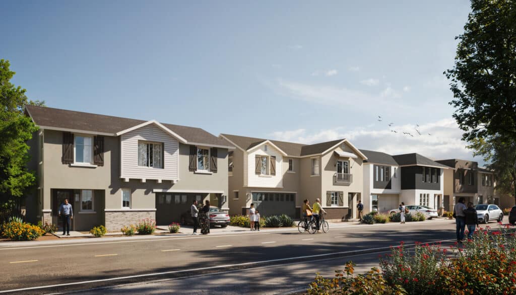 Modern suburban street with row of homes, people walking and cycling under clear skies.