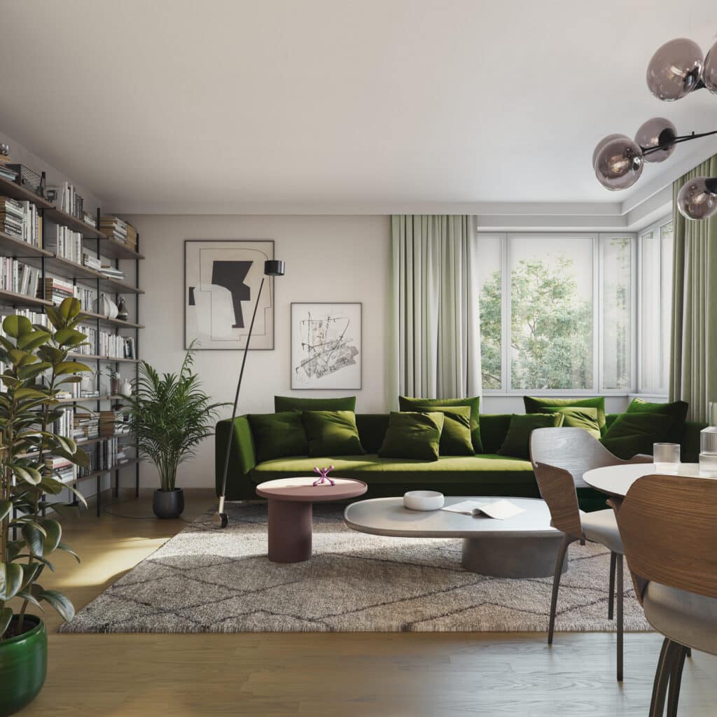 Modern living room with a green sofa, bookshelf, and large windows. Stylish decor and natural light create a cozy ambiance.