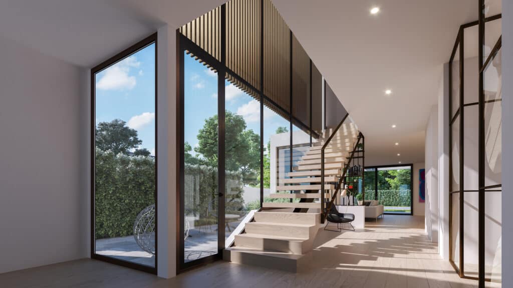 Modern home interior with wooden staircase, large windows, and garden view, featuring minimalist design elements.