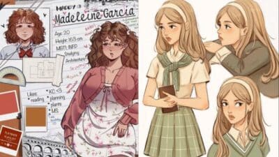 Illustrated character profile and three girls in school uniforms; one holds a book.