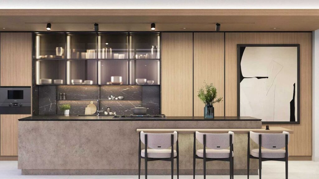 Modern kitchen with wood cabinets, black backsplash, and island bar seating for three. Contemporary artwork and decor.