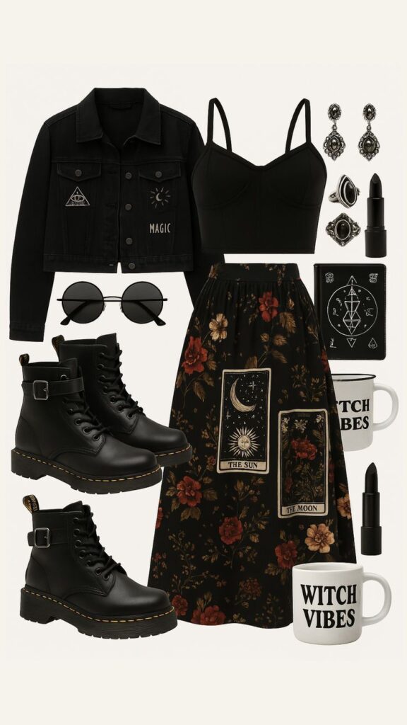 Gothic fashion set with black jacket, crop top, floral skirt, boots, tarot cards, and accessories.