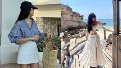 Two women showcasing summer fashion: one in a striped shirt with a wicker bag, the other in an off-shoulder beach dress.