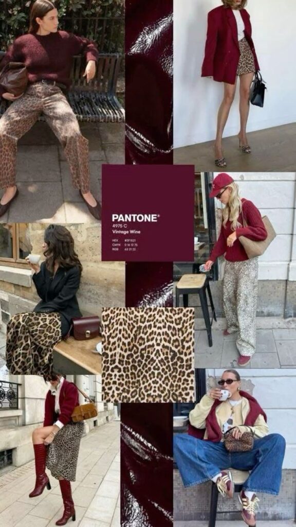 Fashion collage featuring leopard print and Pantone's Vintage Wine color in various stylish outfits.