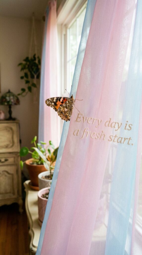 Butterfly on pastel pink-blue sheer curtain embroidered Every day is a fresh start at sunlit window with potted plants