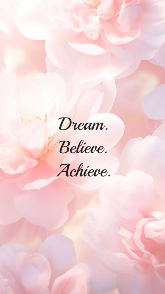 Pink floral background with elegant script reading 'Dream. Believe. Achieve.' motivational quote