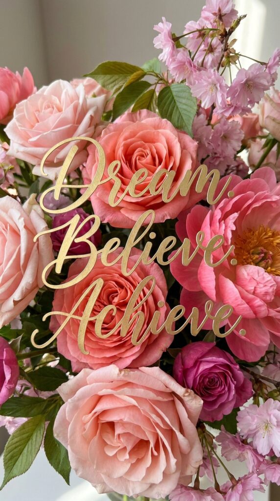 Pink roses and peonies bouquet with gold script reading Dream. Believe. Achieve. inspirational floral arrangement