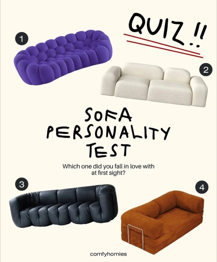 Sofa personality quiz with four colorful sofas to choose from: purple, white, black, and orange.