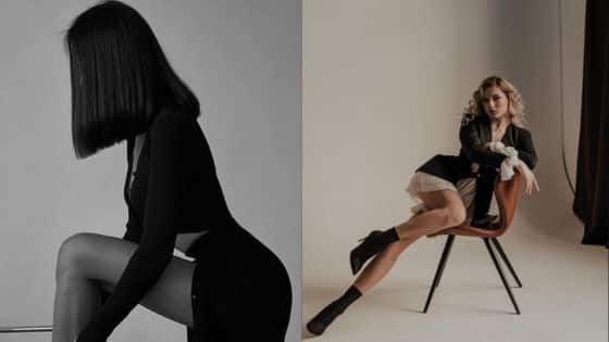 photography shoot ideas Two women posing stylishly in elegant black outfits; one sitting sideways, the other leaning playfully on a chair. | Sky Rye Design Two women posing stylishly in elegant black outfits; one sitting sideways, the other leaning playfully on a chair.