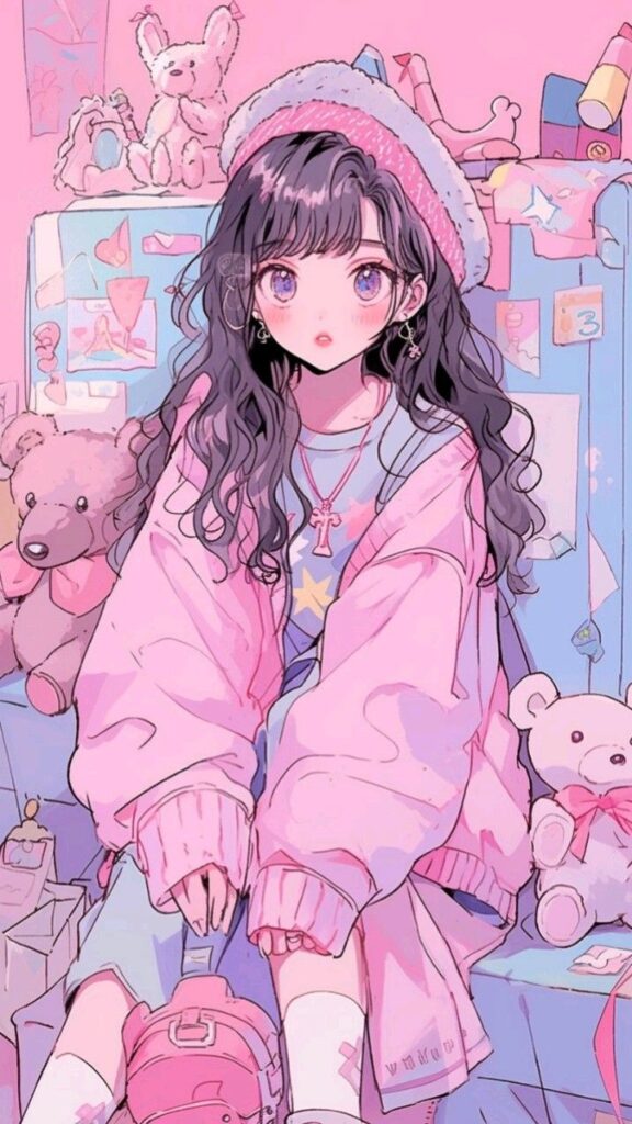 Anime girl in pink outfit with teddy bears, sitting in a pastel-themed room, surrounded by cute decor.