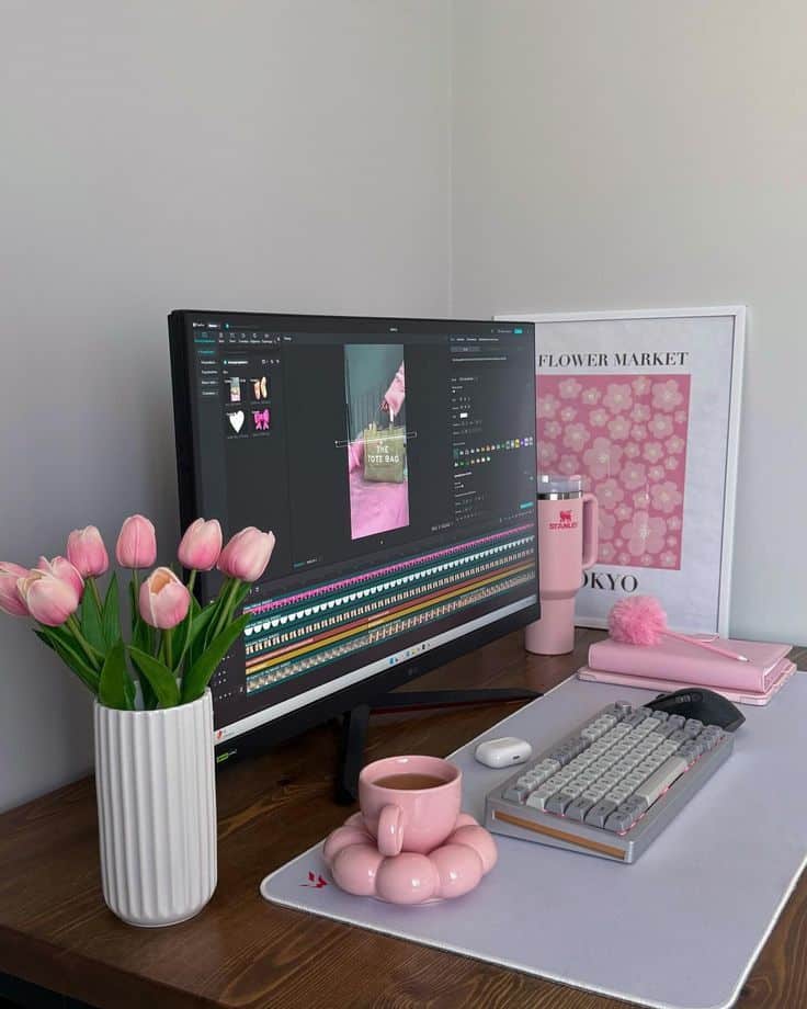 Stylish home office desk setup with pink decor, tulips, computer monitor, keyboard, and coffee cup. Cozy workspace.
