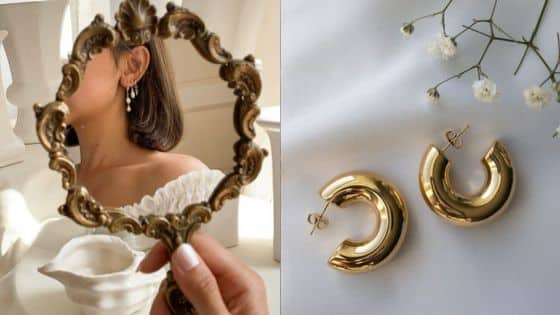 prom earrings Woman in mirror holding ornate frame, wearing elegant earrings; gold hoop earrings and flowers on white in background. | Sky Rye Design Woman in mirror holding ornate frame, wearing elegant earrings; gold hoop earrings and flowers on white in background.