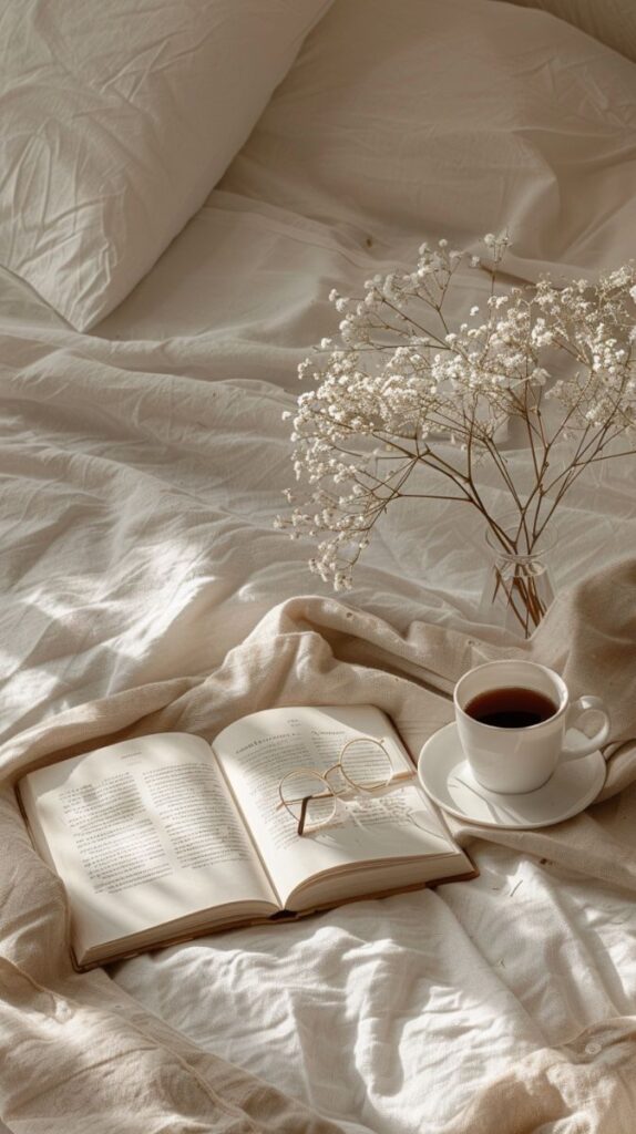 pumpkincarvingideas outfitideas Cozy morning scene with open book, glasses, coffee cup, and white flowers on a sunlit bed. | Sky Rye Design Cozy morning scene with open book, glasses, coffee cup, and white flowers on a sunlit bed.