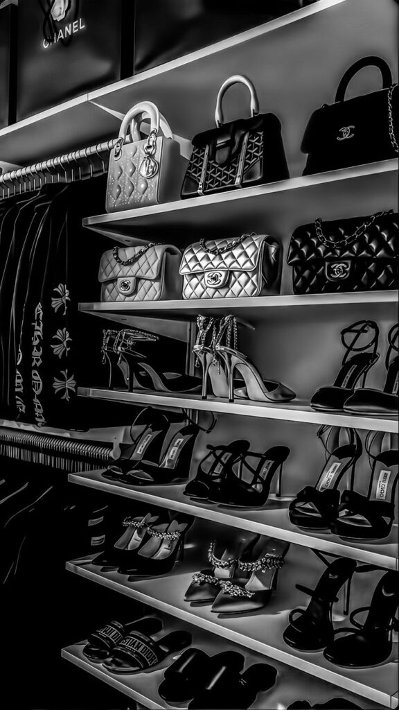 Luxury handbags and heels on display shelves, featuring elegant designs and high-end fashion accessories.