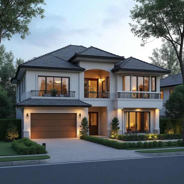 Modern two-story house with large windows, a garage, and landscaped yard at dusk.