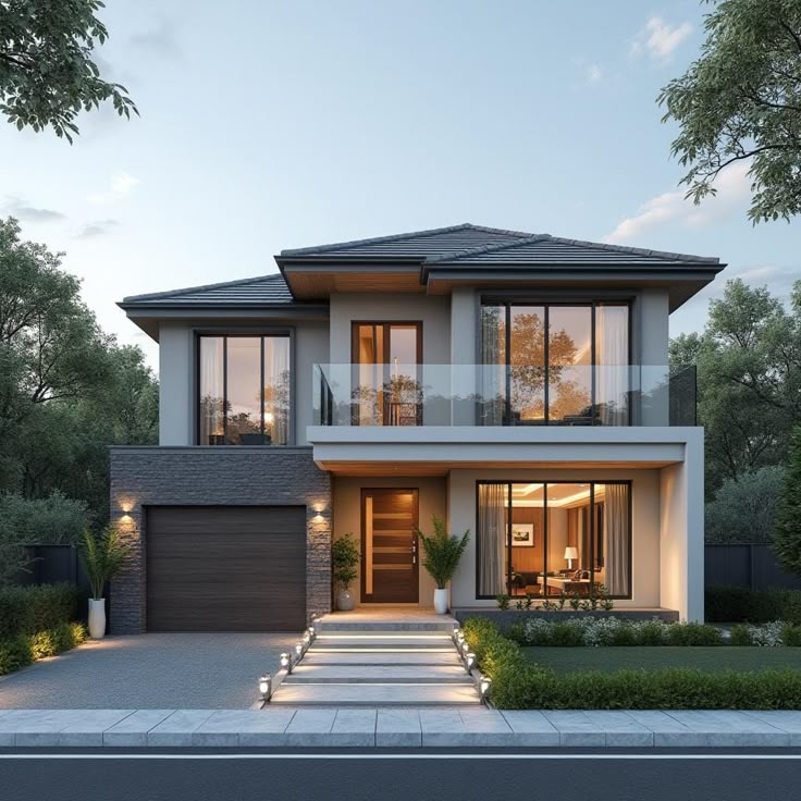 Modern two-story house with large windows, surrounded by greenery, featuring a lit pathway and garage at dusk.