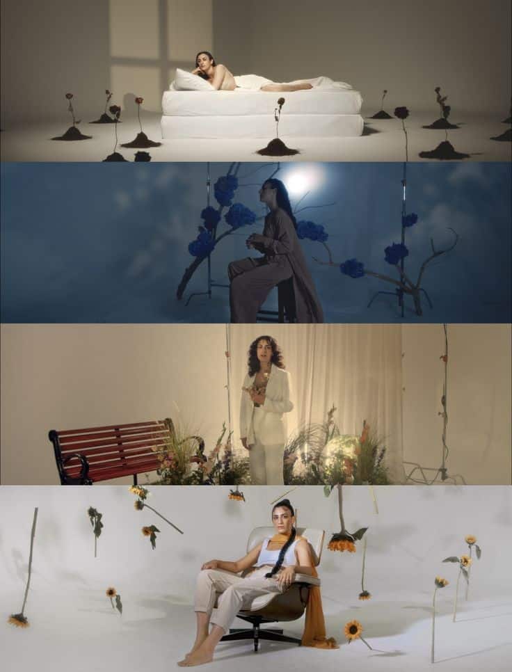 Four artistic portraits featuring people in serene settings with flowers and unique lighting.