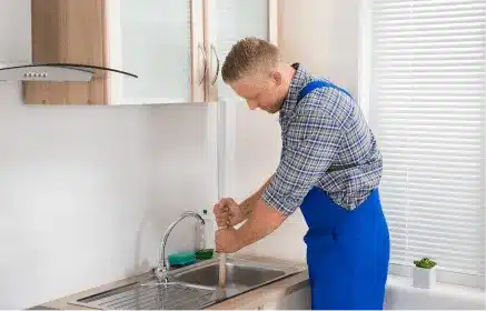 Plumber in blue overalls unclogging a kitchen sink with a plunger next to a sunny window.